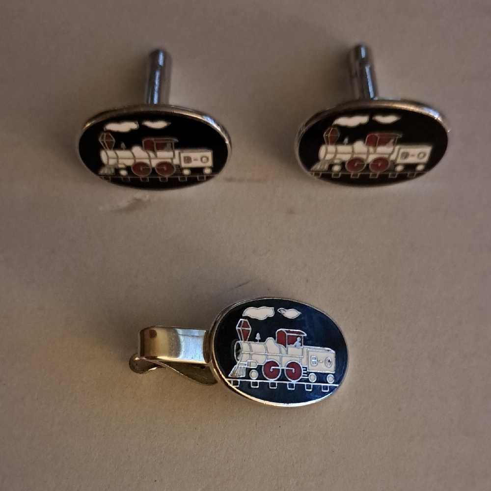 Unique Dress B&O Railroad Train & Coal Car Shirt Cuff Links & Tie Clip
